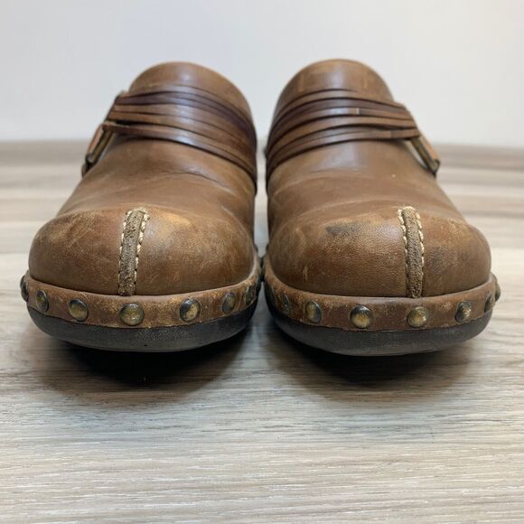 Ecco Leather Studded Slip On Size 6 EU 37 Mules Clogs Chunky Strap Boho Brown - Picture 6 of 14